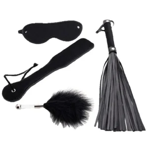 4Pcs BDSM set including a black eye mask, whip, paddle, and anal plug for erotic play.