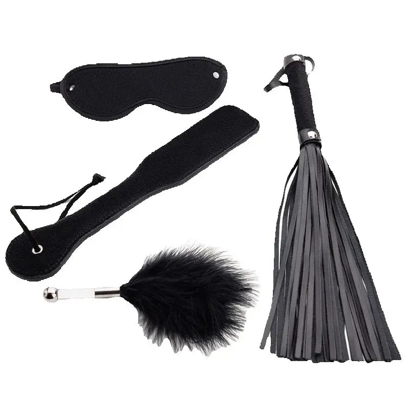 4Pcs BDSM set including a black eye mask, whip, paddle, and anal plug for erotic play.