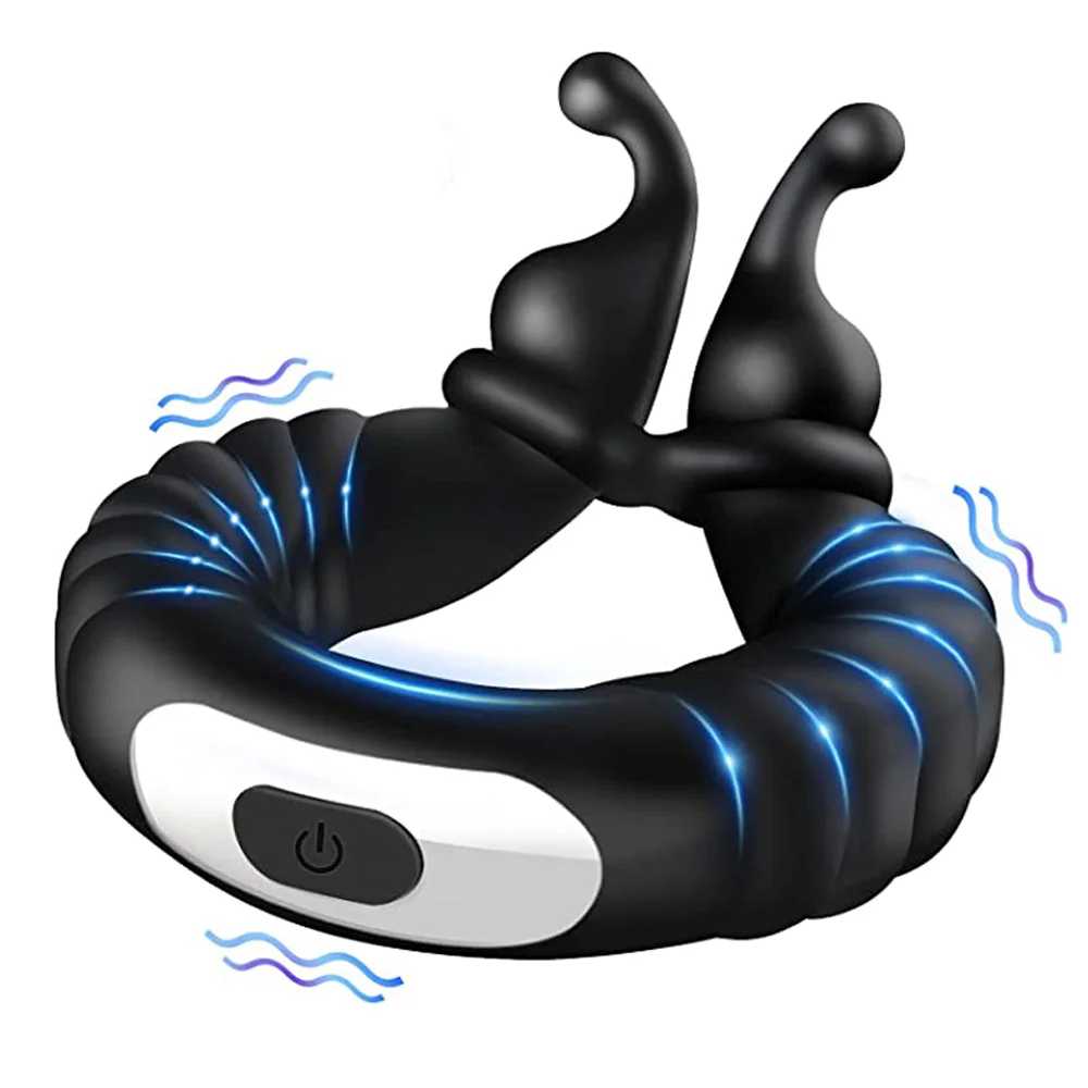Close-up of a sleek, black vibrating penis ring with a textured stimulator top, showcasing a premium and ergonomic design for couples.
