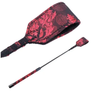 Red cloth pattern BDSM flogger and spanking rod for adult roleplay and fetish games.