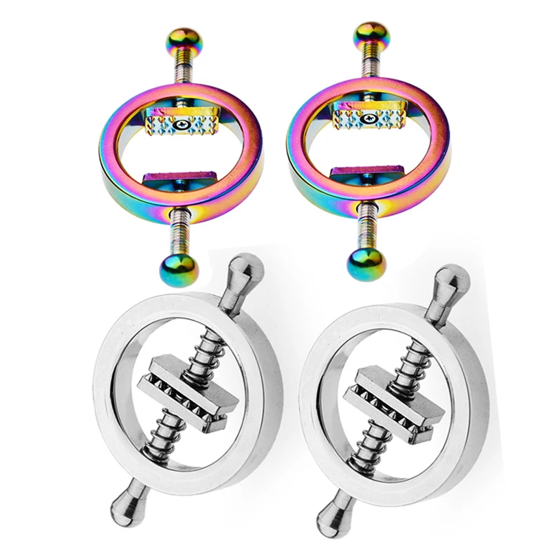 Pair of vibrant, colorful metal nipple and clitoris clamps for bondage and sensory fetish play.