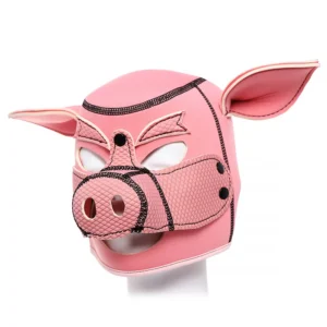 A black neoprene pig slave mask with a snout and lace-up back for BDSM play.