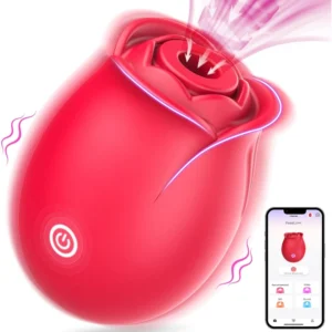 Red rose-shaped clitoral suction toy with gold detailing for intimate vibrating play.