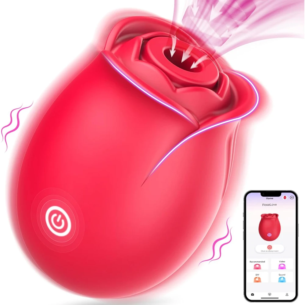 Red rose-shaped clitoral suction toy with gold detailing for intimate vibrating play.