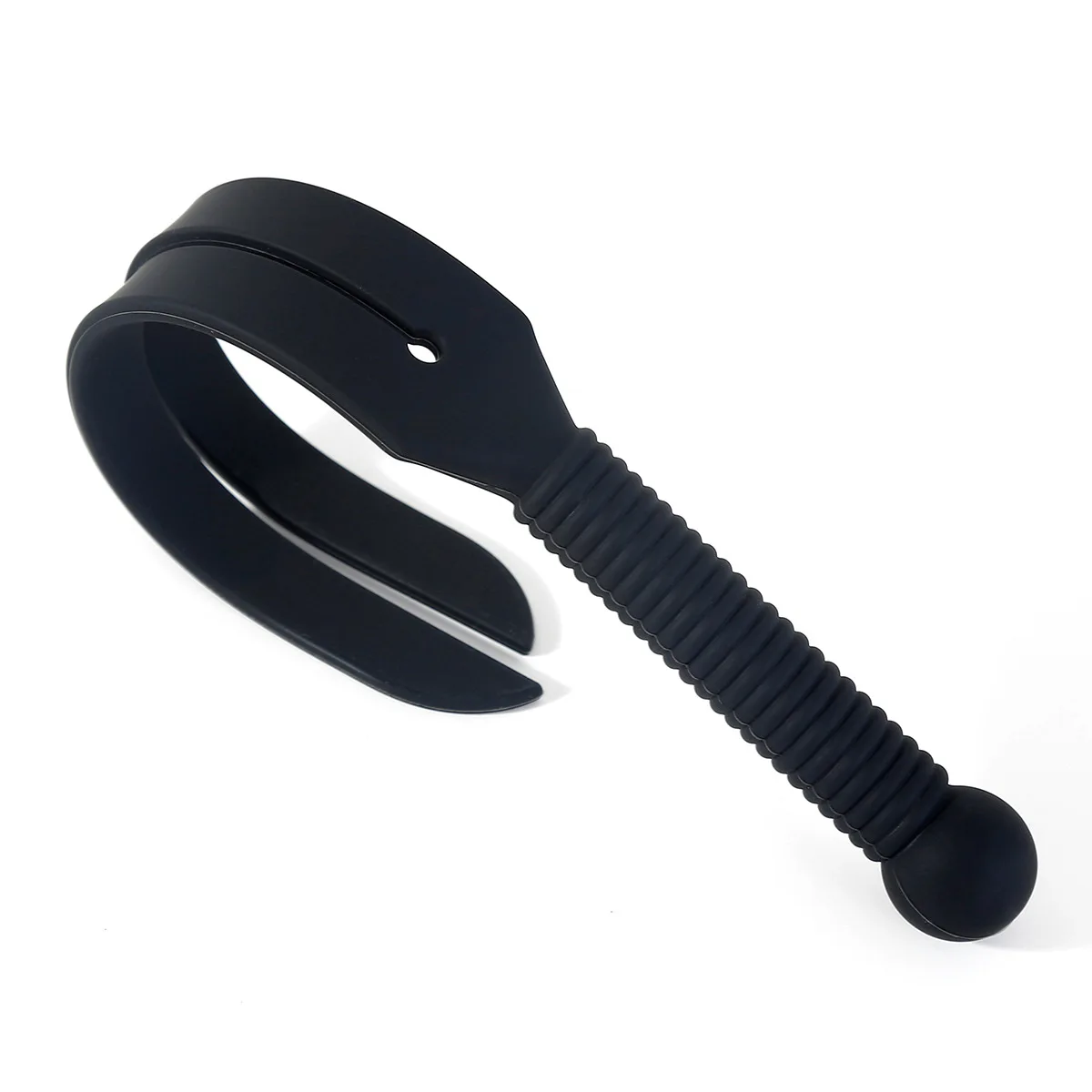 Black silicone whip flogger with multiple tails and ergonomic handle for boutique play.