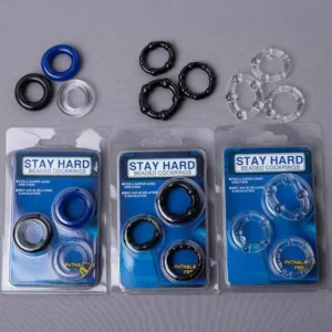 Three black beaded silicone constriction rings for men displayed on a clean background.