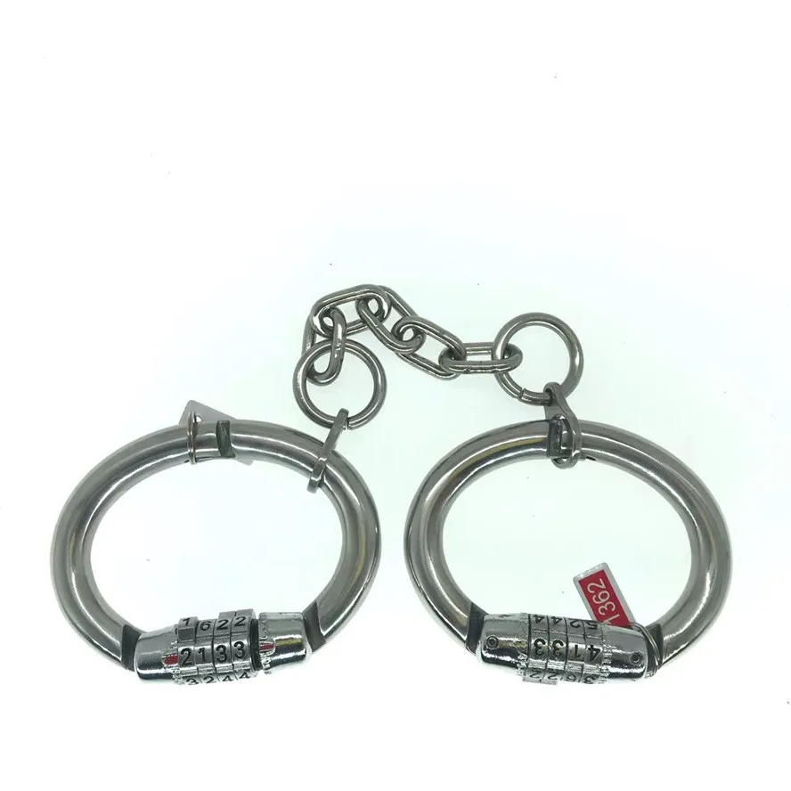 Heavy-duty stainless steel handcuffs with integrated combination lock for BDSM play.
