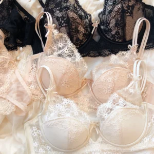 A flat lay of a French 3/4 thin cup lace push up bra and matching briefs set with cute bow decorations on a neutral background.