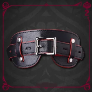 A sleek, high-end black BDSM eye mask for adult restraint and sensory play.