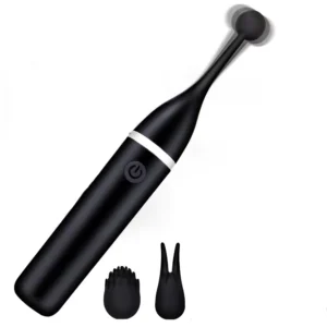 A sleek female vibrator with three interchangeable caps for clitoral and G-spot stimulation on a plain background.