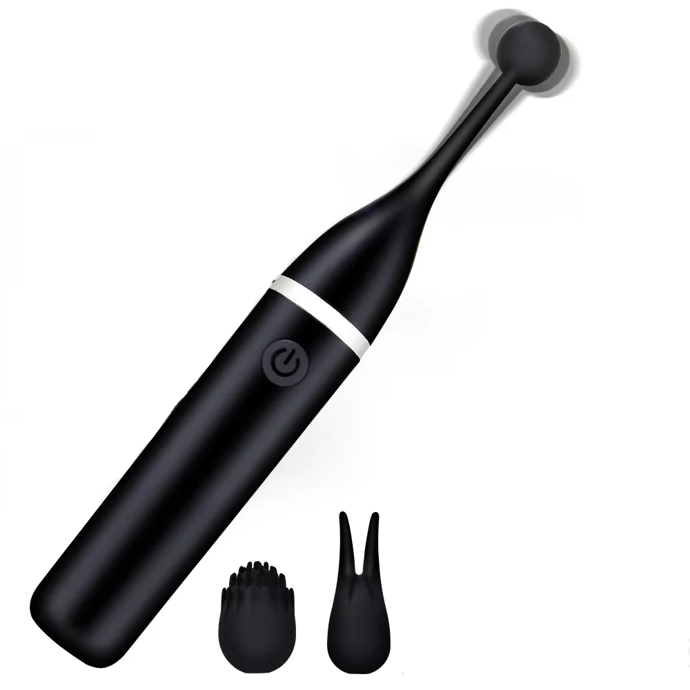 A sleek female vibrator with three interchangeable caps for clitoral and G-spot stimulation on a plain background.