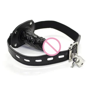 A black silicone open mouth ball gag with an attached textured penis plug and adjustable locking straps for BDSM play.