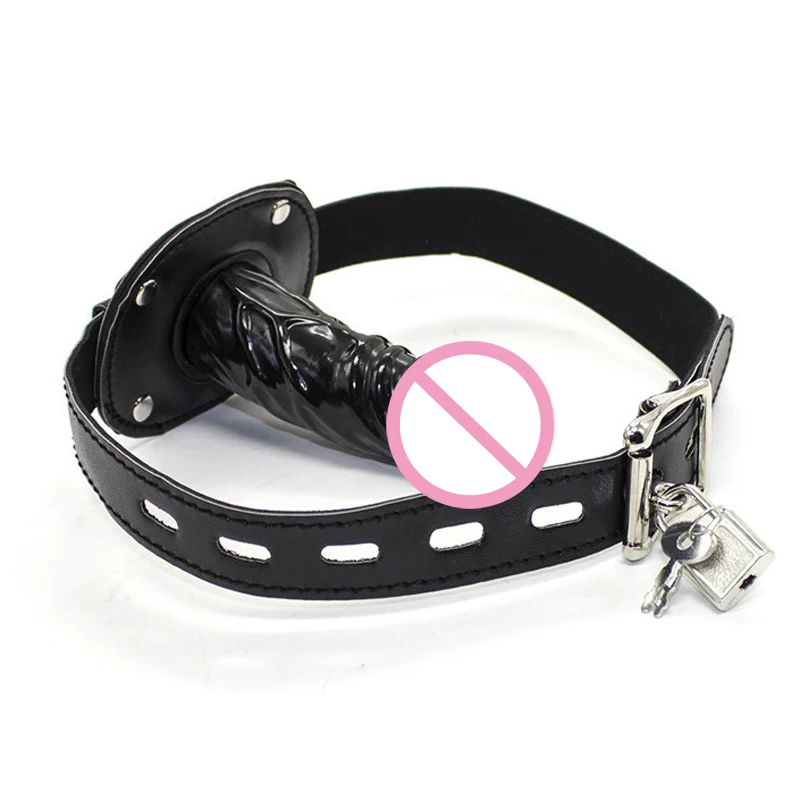 A black silicone open mouth ball gag with an attached textured penis plug and adjustable locking straps for BDSM play.
