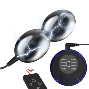 A sleek black electric shock pulse anal bead stimulator with a graduating beaded design and ergonomic base for prostate and vaginal massage.