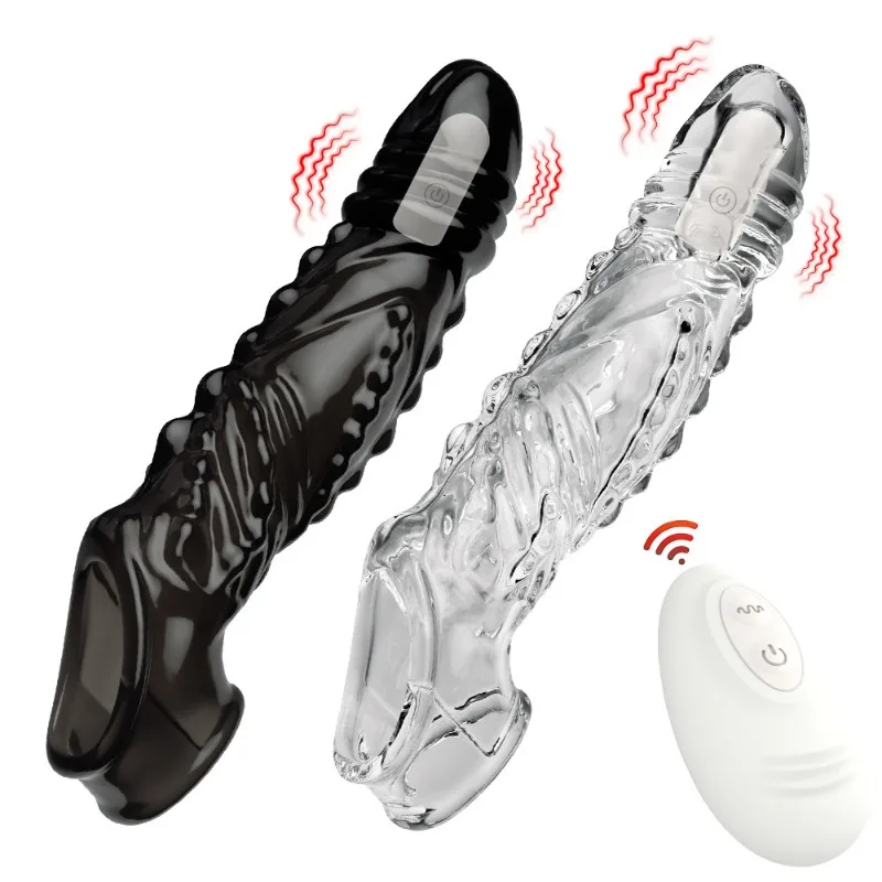 A textured black vibrating penis sleeve with a small, circular wireless remote control on a clean background.