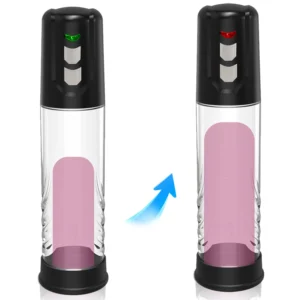 Automatic electric penis pump with clear graduated cylinder for men's enlargement training.