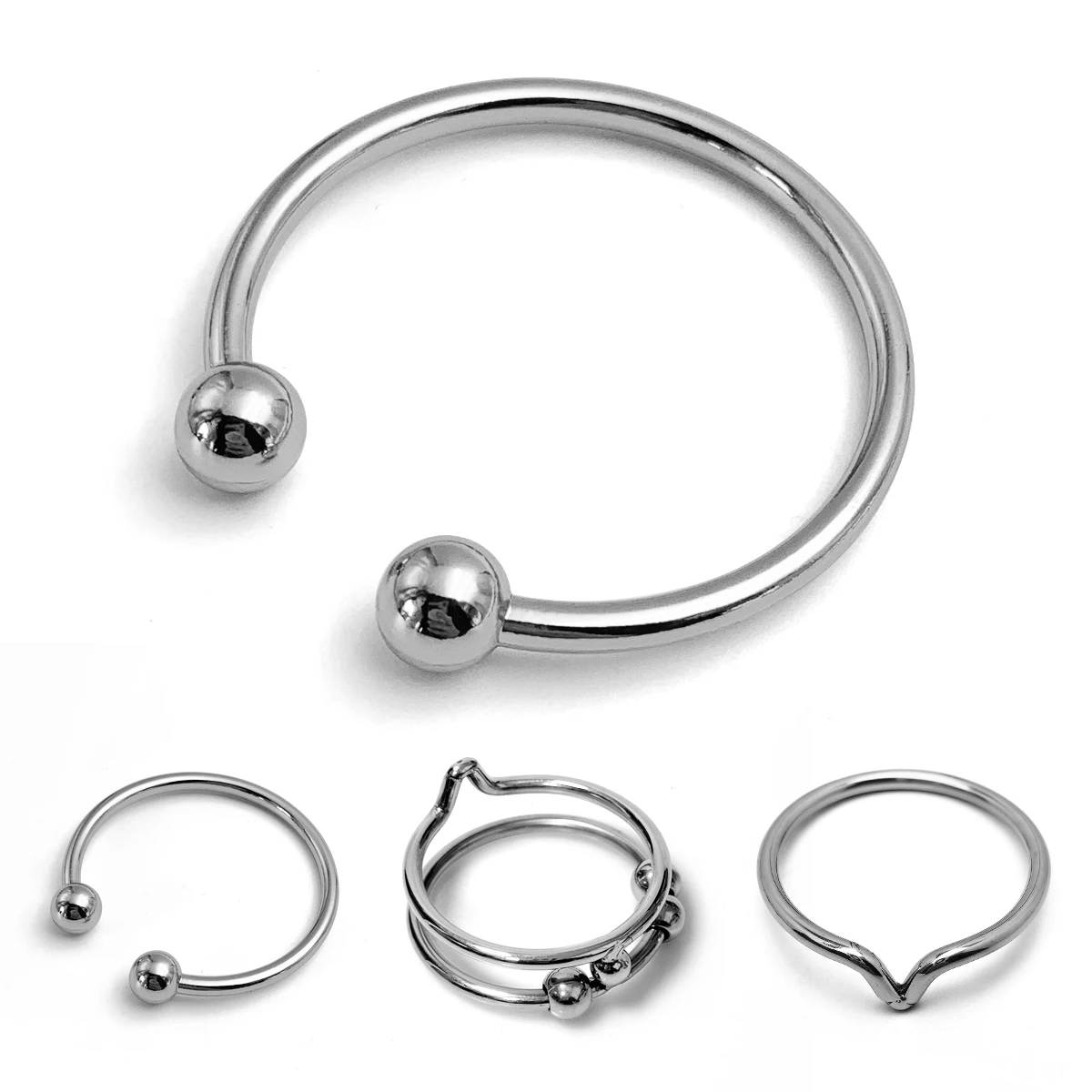 Three styles of polished metal penis delay rings in various sizes for male enhancement.