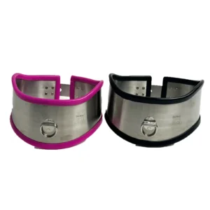 A polished stainless steel lockable neck collar with a sleek bondage harness design for fetish play.