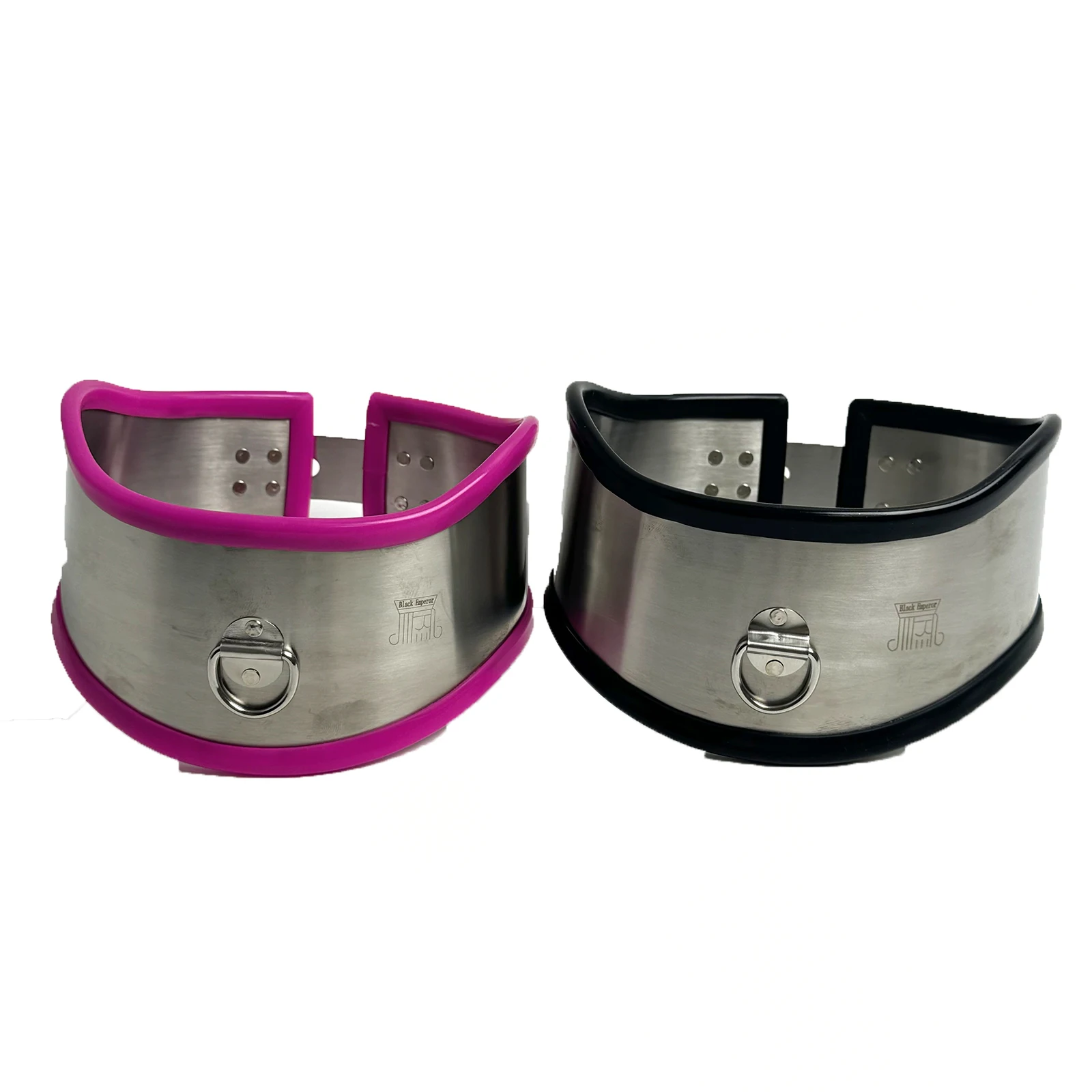A polished stainless steel lockable neck collar with a sleek bondage harness design for fetish play.