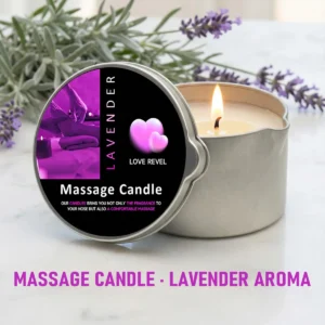 2oz Lavender Massage Oil Candle in a glass holder with soy wax and moisturizing aromatherapy benefits.