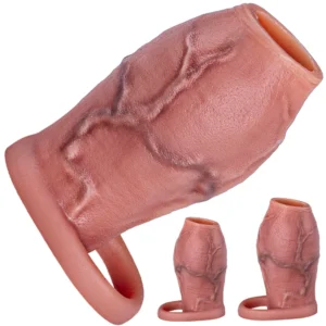 A thick, soft silicone penis sleeve with an integrated locking ring designed for adult men.