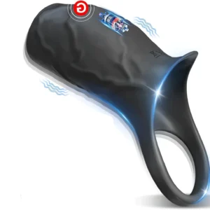 Close-up of a black vibrating penis sleeve and cock ring extender for men and couples.
