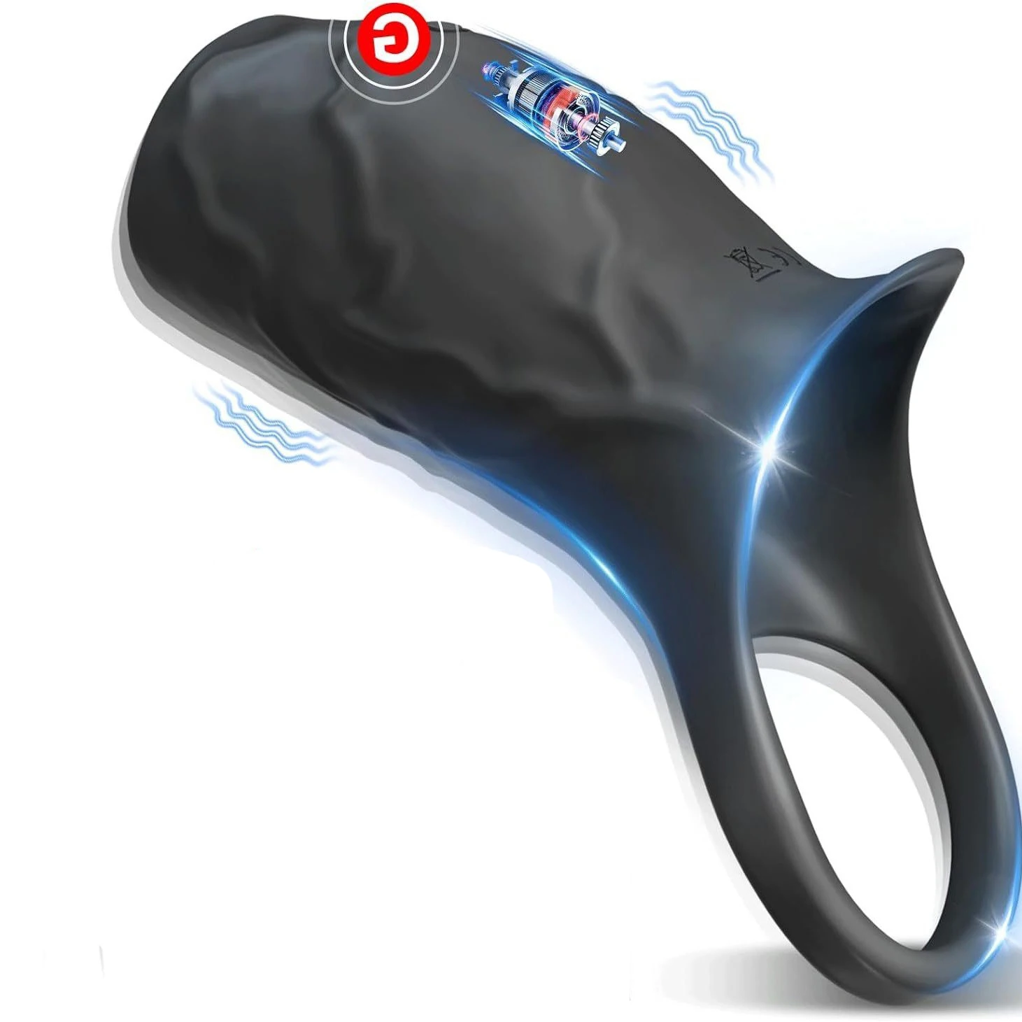 Close-up of a black vibrating penis sleeve and cock ring extender for men and couples.