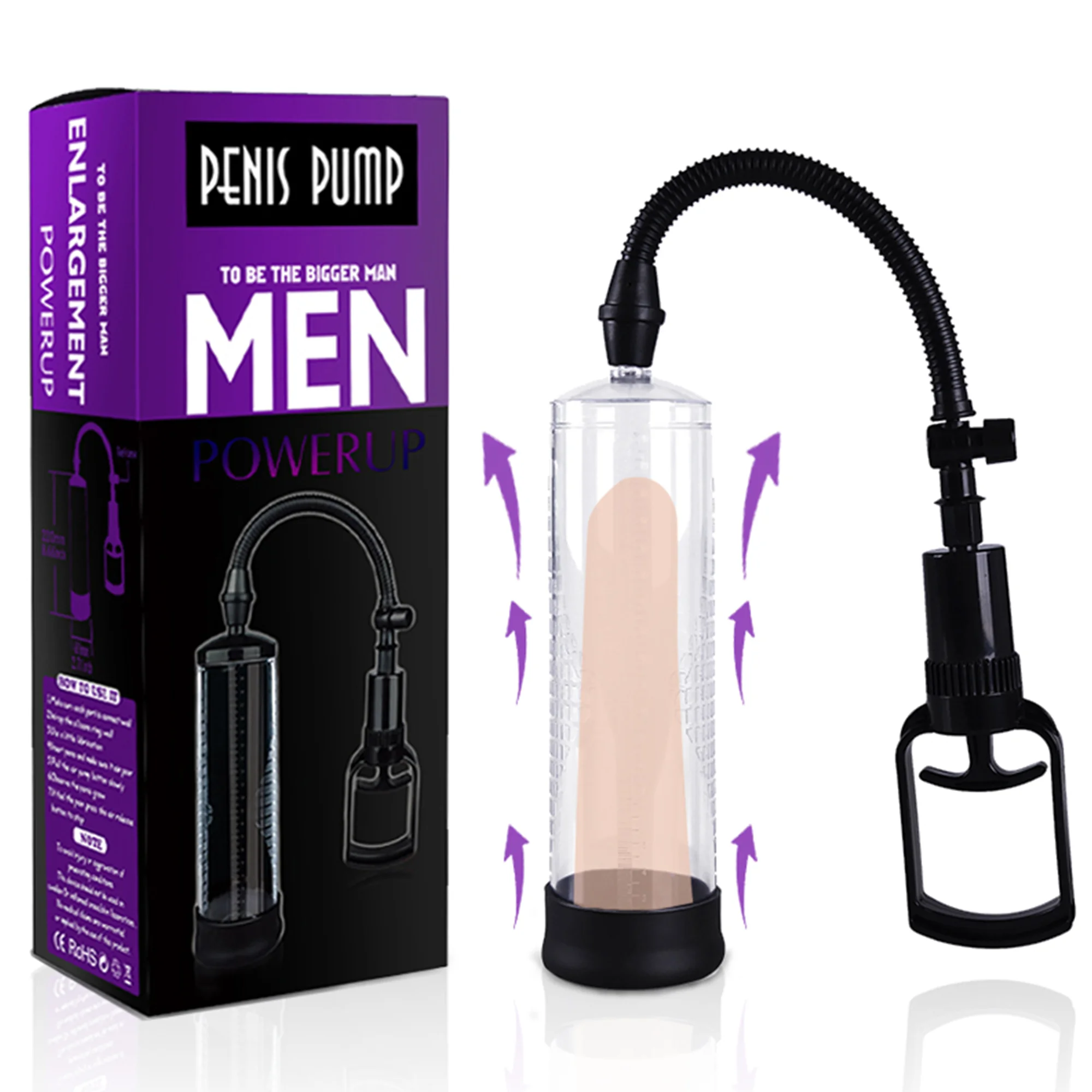 A professional vacuum penis pump with a transparent cylinder and manual pump handle for male enlargement training.