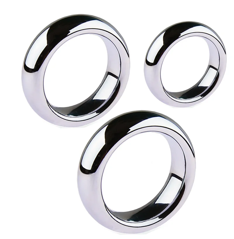 A set of six silver-toned metal cock rings in various sizes arranged on a clean background.
