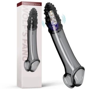 A vibrating penis sleeve extension and cock ring for men, featuring a textured surface and integrated vibrator for adult intimacy.