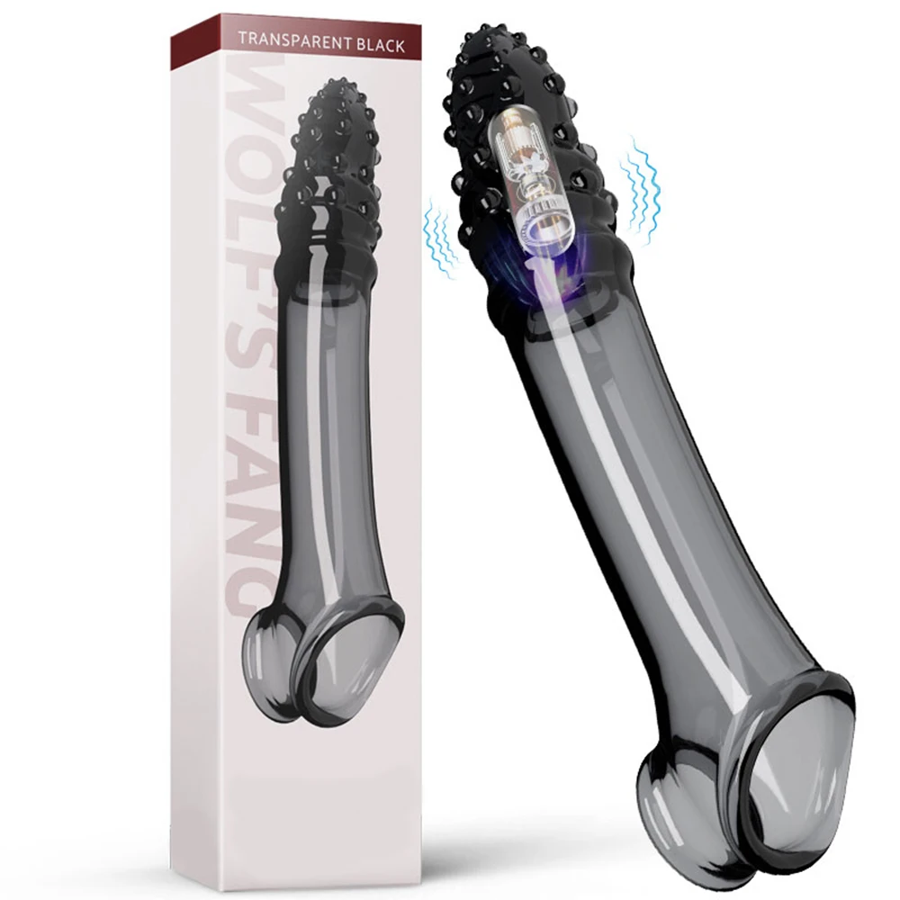 A vibrating penis sleeve extension and cock ring for men, featuring a textured surface and integrated vibrator for adult intimacy.