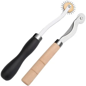 Two professional tracing wheels with wooden handles for leather craft and sewing pattern transfer.