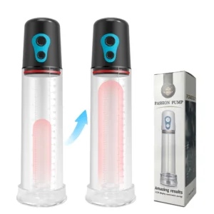 Transparent electric vacuum pump for men featuring a digital display and comfortable silicone seal for performance training.