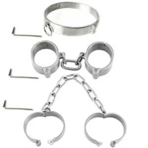 Polished stainless steel bondage set featuring a collar, handcuffs, and ankle cuffs on a neutral background.