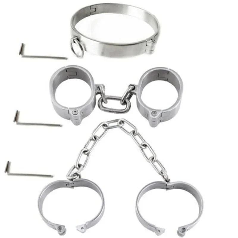 Polished stainless steel bondage set featuring a collar, handcuffs, and ankle cuffs on a neutral background.