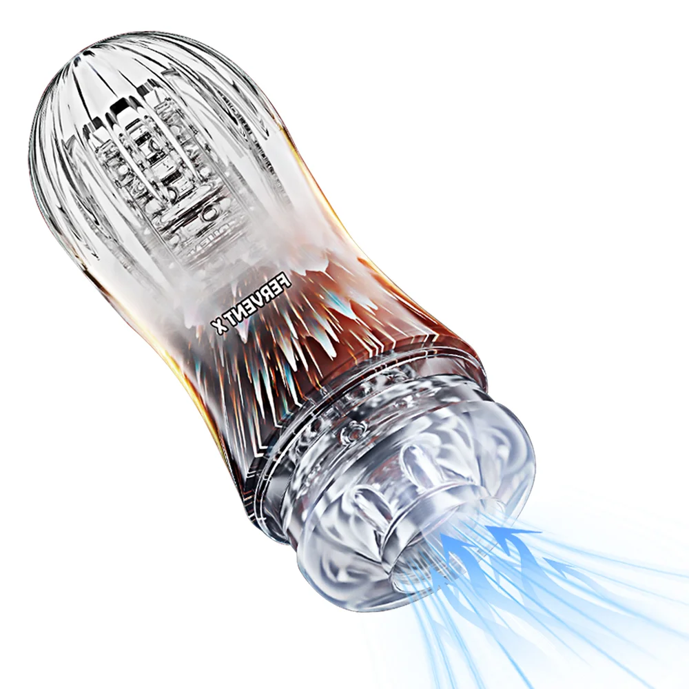 Transparent male masturbator cup with realistic vagina internal texture for endurance exercise.