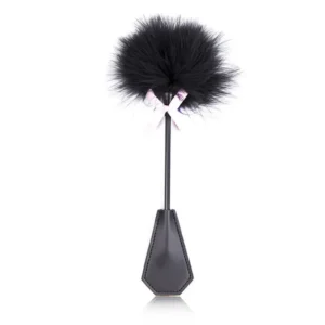 Close-up of a black leather spanking paddle and soft feather tickler for BDSM play.