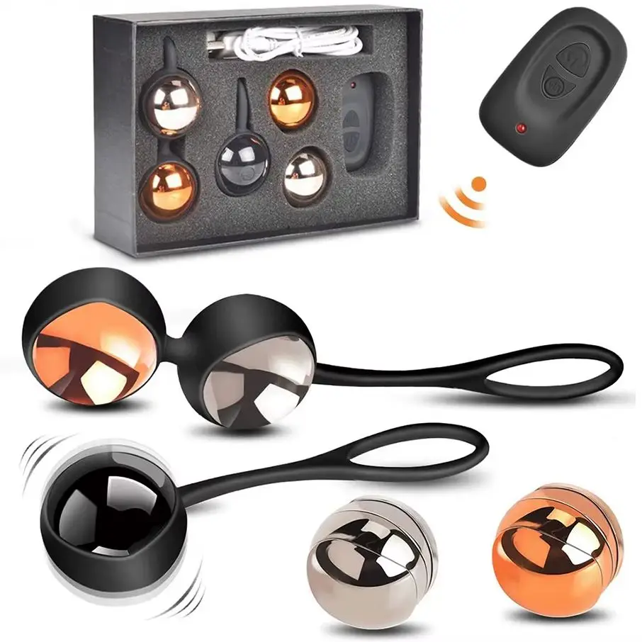 Remote-controlled vibrating Kegel balls and vibrating egg for vaginal muscle exercise and pelvic floor strengthening.