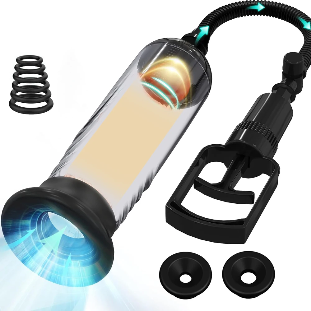 Medical-grade black and clear penis vacuum pump with massager ring and manual hand trigger for male training.