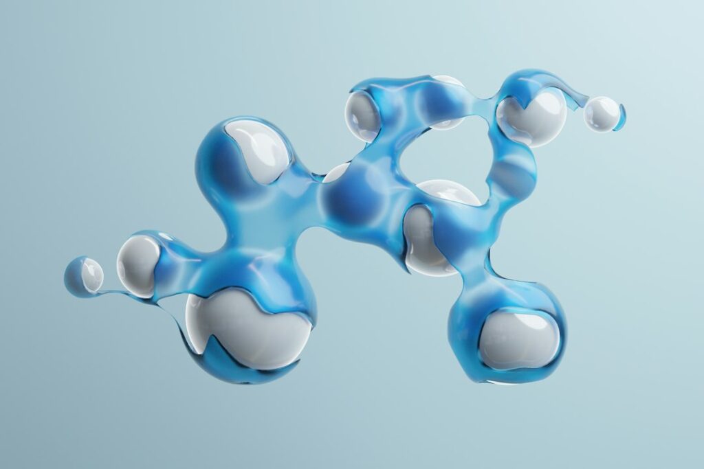 3D render of blue and white molecular polymer structure illustrating chemical bonding between silicone polymers