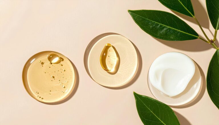 Skincare gel, oil, and cream texture swatches on petri dishes with green leaves — clean beauty wellness product concept
